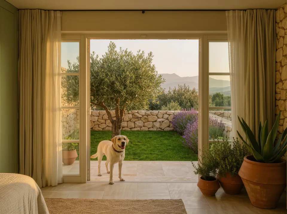 Köpek kanadında kendi odasında dinlenen bir köpek